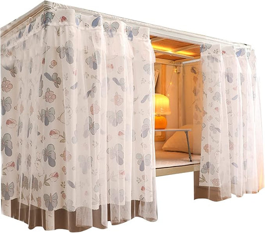 Beautiful Gauze Bunk Bed Curtains Drapes with Lace Privacy Bed Canopy for Bottom Twin Girls, 2 Panels, Flower Rabbit, White