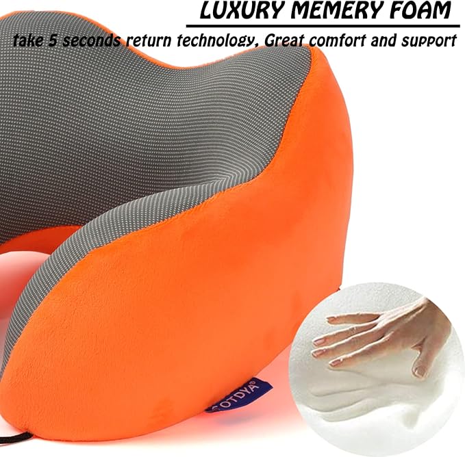GOTDYA Travel Pillow,Travel Neck Pillows for Sleeping,100% Pure Memory Foam Soft Comfort & Support Pillow for Airplane/Car/Office&Home Rest Use-Orange