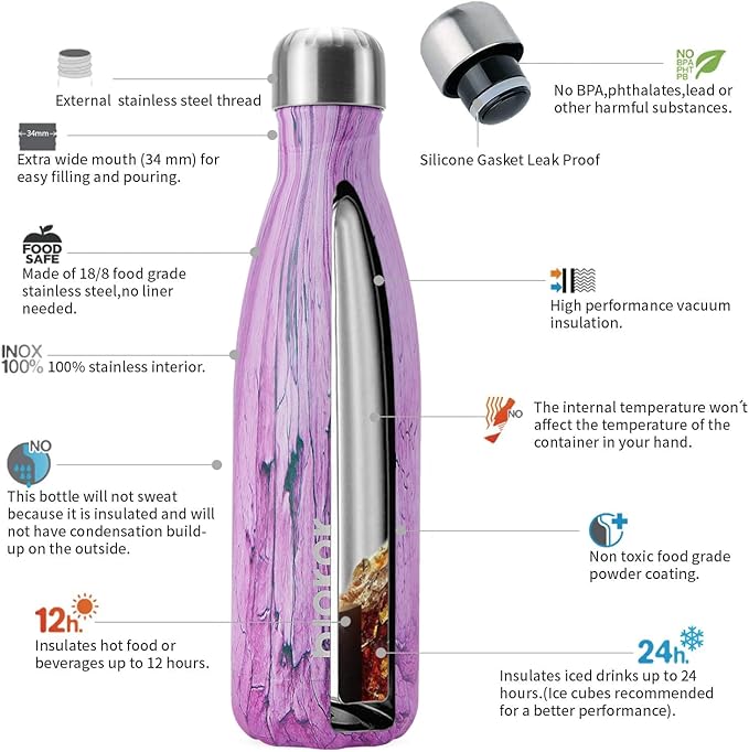 BJPKPK Pink-Wood Graphics Stainless Steel Water Bottles, 17 oz Metal Insulated Water Bottle, Reusable Travel Sports Thermal Water Bottle