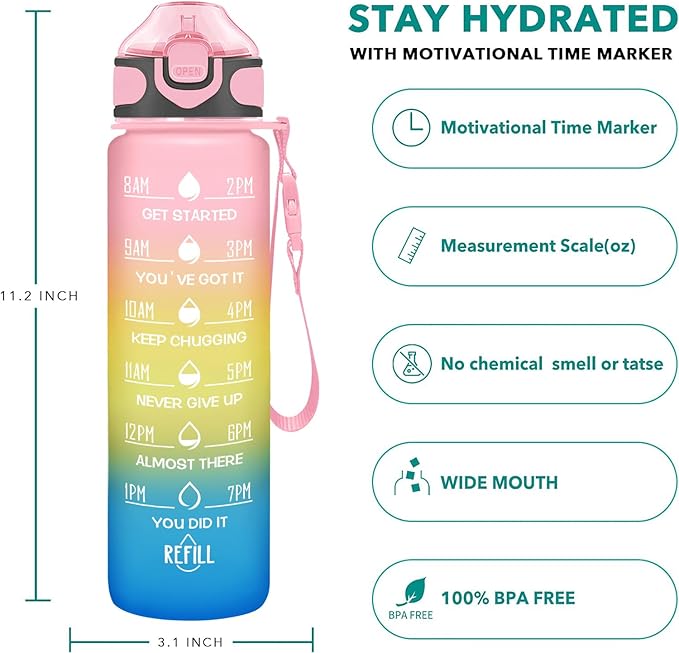 Enerbone 32 oz Drinking Water Bottle with Times to Drink and Straw, Motivational with Carrying Strap, Leakproof BPA & Toxic Free, Ensure You Drink Enough Water for Fitness Gym Outdoor