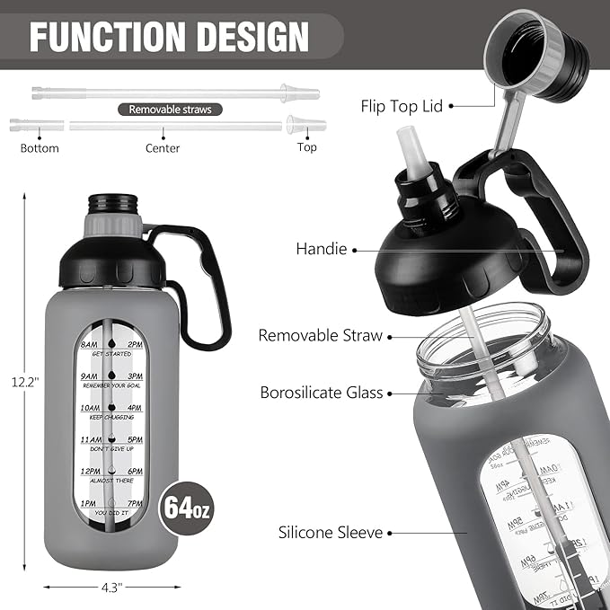 MUKOKO 64oz Glass Water Bottles with Straw, Half Gallon Water Bottle with Time Marker, Motivational Water Bottle with Silicone Sleeves,Large Glass Water Bottle for Gym,Working,Outdoor,Grey