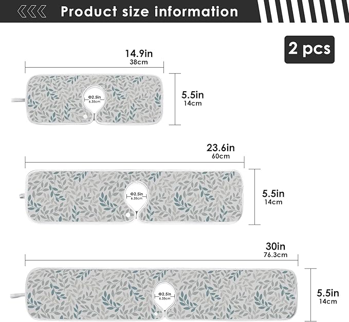 Gray and Blue Leaves Branches Faucet Water Catcher Mat 2 Pack Botanical Herbs Flowers Drying Mat Absorbent Bathroom Faucet Handle Drip Catcher Tray Bar RV Kitchen Sink Splash Guard 23x5 Inches