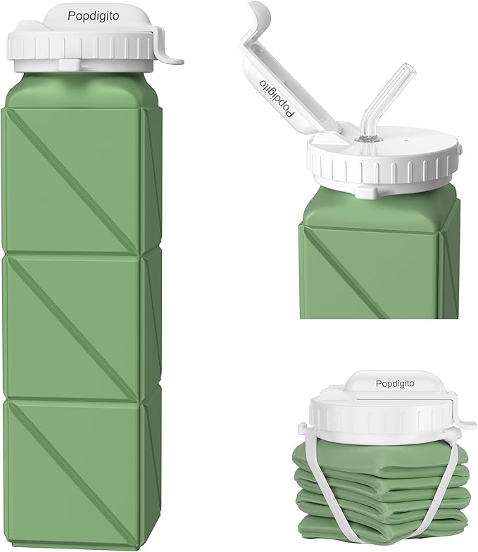Collapsible Water Bottles 20.7oz Leakproof with Straw Lid Food-Grade BPA-Free Silicone Travel Foldable Water Bottles for Sports Office Gym Hiking Driving 610ML (Type2 Army Green)