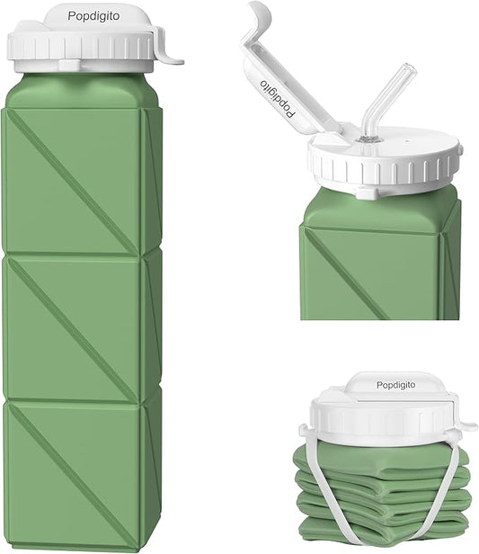 Collapsible Water Bottles 20.7oz Leakproof with Straw Lid Food-Grade BPA-Free Silicone Travel Foldable Water Bottles for Sports Office Gym Hiking Driving 610ML (Type2 Army Green)
