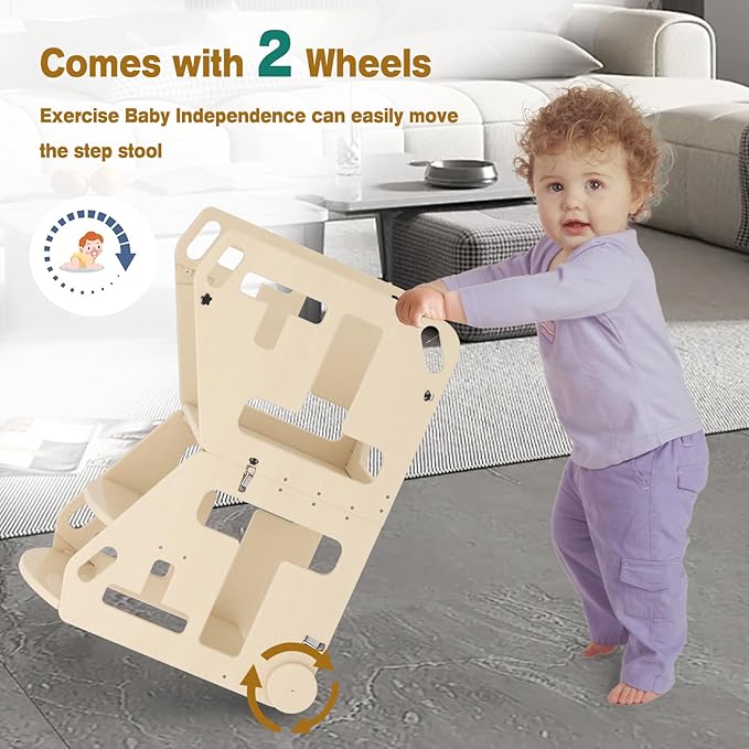 Toddler Step Stool, Potty Training Seat, 2 in-1 Toddler Learning Tower, Folding Adjustable Height Platform Toddler Step Stool with Handles and Wheels, Wooden Convertible Kids Table and Stool Set