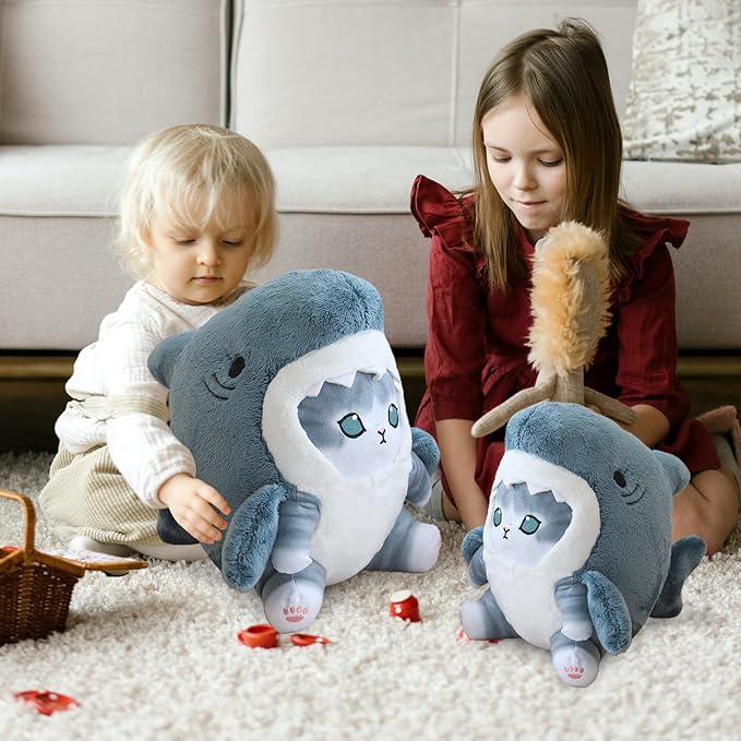 Kawaii Shark Cat Plush Toy Stuffed Animal Doll, Cute Soft Pillow Stress Release Hugs Toys Christmas Halloween Birthday Gifts for Kids Boys Girl Best Gift (Blue - Grey,19 inch)