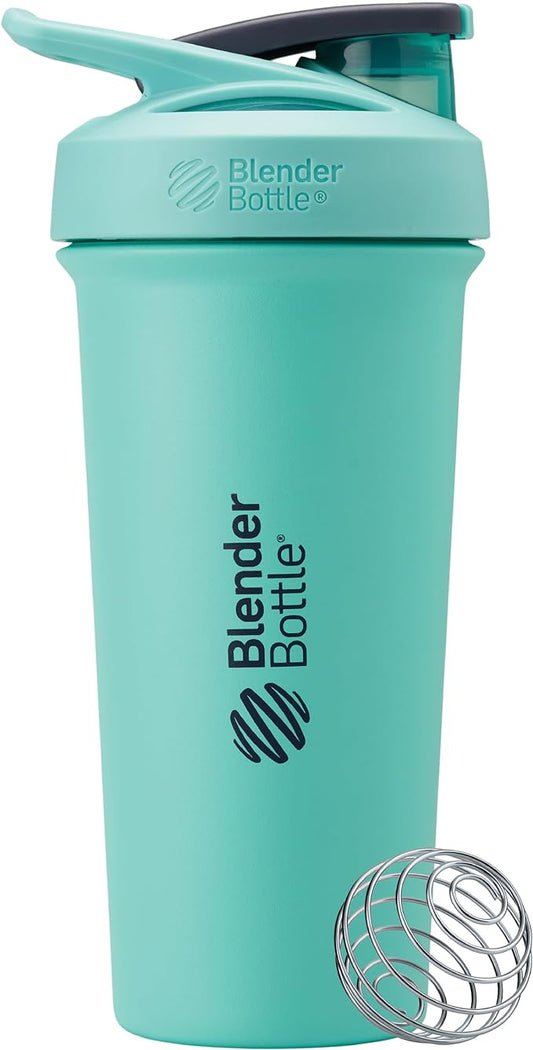 BlenderBottle Strada Sleek Insulated Stainless Steel Water Bottle with Wire Whisk, 25-Ounce, Seafoam