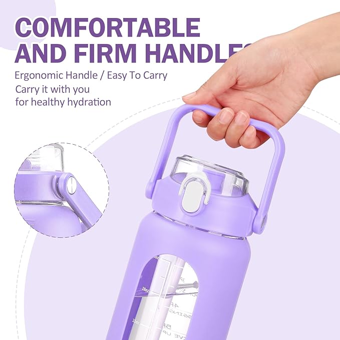 kytffu 42oz Glass Water Bottles with Straw, Motivational Glass Bottle with Silicone Sleeve and Time Marker, Leakproof Large Glass Water Jug for Gym Home Office,Purple