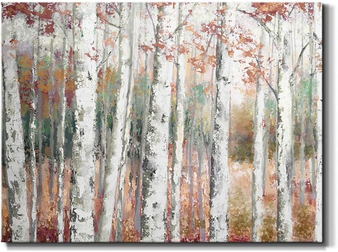 Renditions Gallery Canvas Nature Wall Art Modern Paintings Decorations Autumn Birch Forest Rustic Abstract Vibrant Foliage Wall Hanging Artwork for Bedroom Office Kitchen - 24"x36" LT33