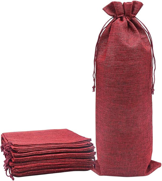 Shintop 10pcs Jute Wine Bags 1.5L, 16 x 6.7 inches Hessian Wine Bottle Gift Bags with Drawstring (Red)