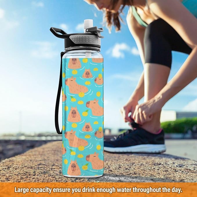 Cute Capybaras Water Bottle with Straw Lemon Sports Bottles BPA-Free Tritan Water Jug with Carrying Strap for Gym Office Outdoor Sports