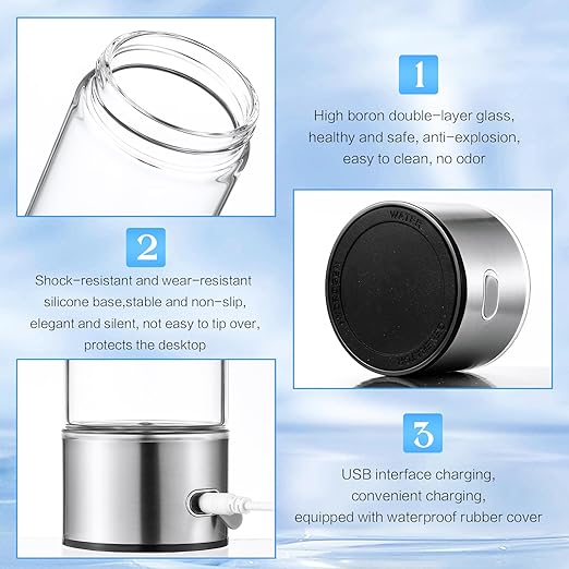 Honeydak 2 Pcs Hydrogen Water Bottle Portable Rechargeable Hydrogen Water Machine Generator Hydrogen Water Ionizer Machine Hydrogen Water Generator for Home Office Travel (Silver)