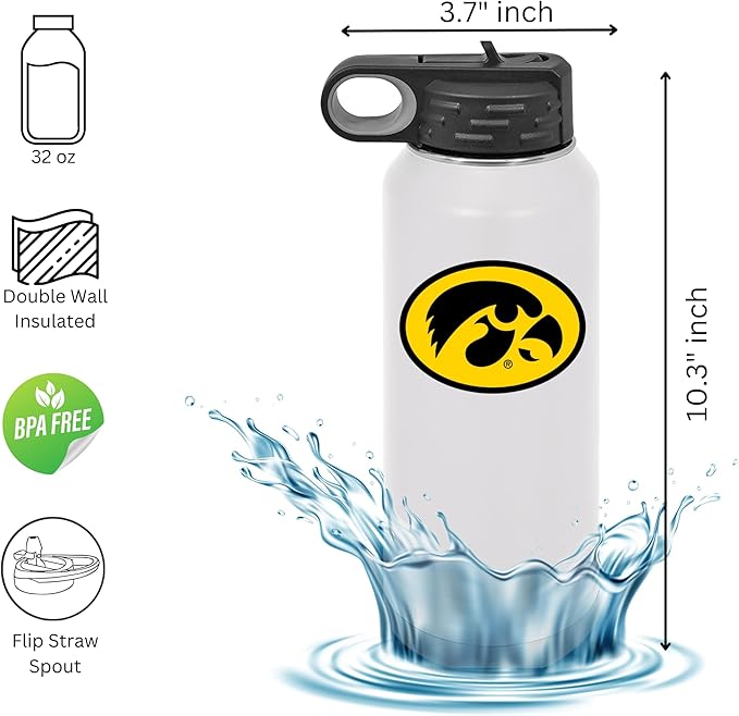 Game Day Outfitters University of Iowa 32oz Stainless Steel Double Walled White Beverage Bottle with Flip Straw Spout - College Gear for Playoff Season – Show your Hawkeye Pride