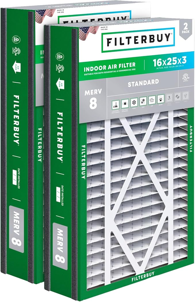 Filterbuy 16x25x3 Air Filter MERV 8 Dust Defense (2-Pack), Pleated HVAC AC Furnace Air Filters Replacement for Trion Air Bear, Lennox X0581, and More (Actual Size: 15.63 x 24.13 x 3.00 Inches)