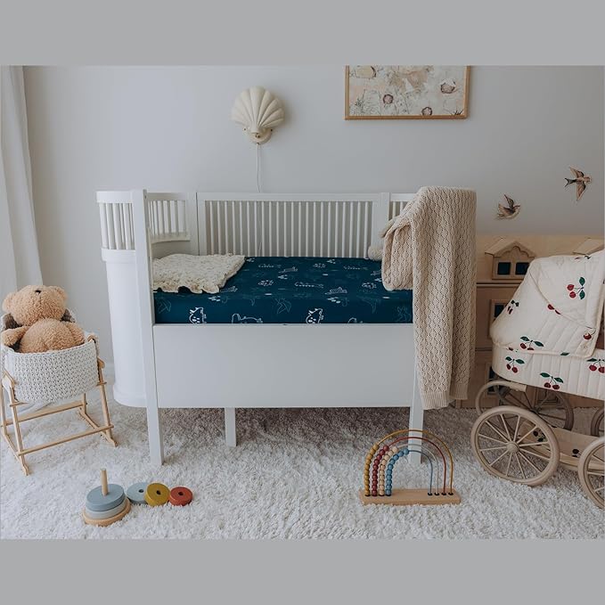 Mini Crib Fitted Sheet, 100% Cotton Knitted Jersey, Pack n Play Sheet, Breathable, Fitted Crib Sheets, Super Soft, Toddler Fitted Sheet,2 Pack,Dino/Denim Blue, 38x24x6