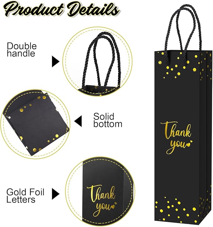 Ssyuysto Wine Gift Bag with Gold Foil Wine Bags with Rope Handles, (3.7 x 13.7 x 3.5 in) - Elegant Black Wine Bags for Wine Bottles and Gifts