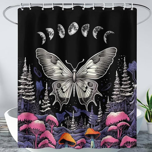 AILONEN Moth Shower Curtain for Kids Girls Boys, Boho Sun Moon with Mushroom Shower Curtains for Bathroom,Natural Plants Shower Curtain Set with Hooks,72" W*96" H