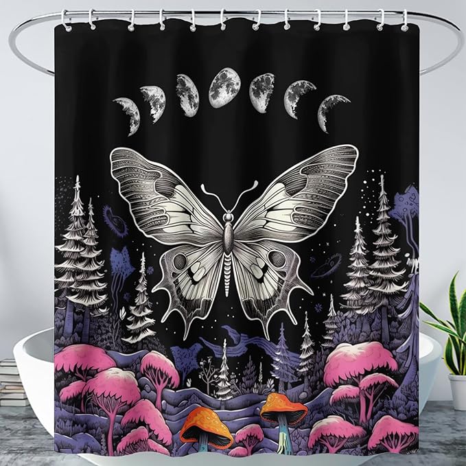 AILONEN Moth Shower Curtain for Kids Girls Boys, Boho Sun Moon with Mushroom Shower Curtains for Bathroom,Natural Plants Shower Curtain Set with Hooks,36" W*72" H