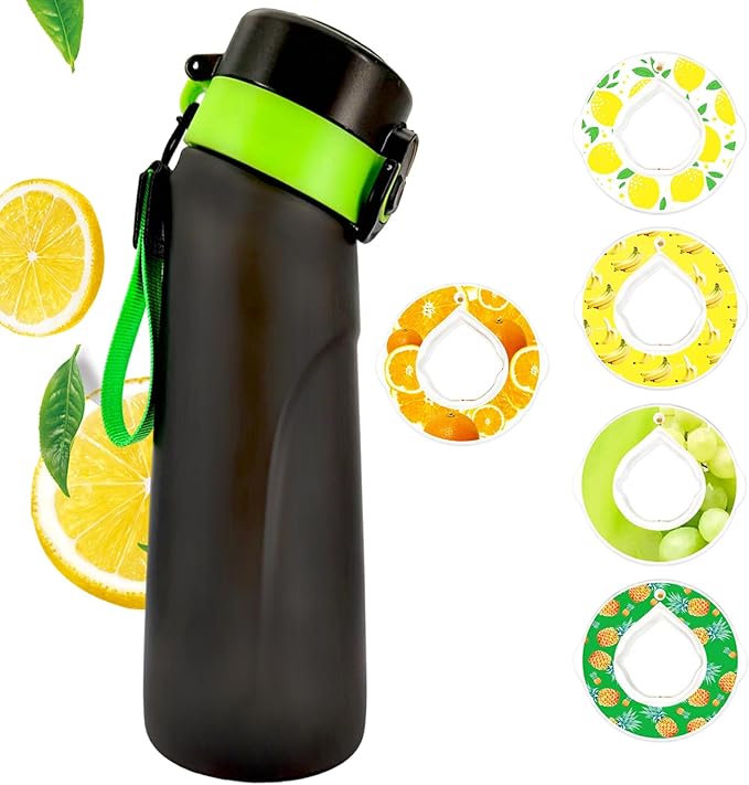 Air Water Bottle, Air Water Bottle with 5 Flavor Pods,750ml Scented Sports Water Bottle Set with Flavour Pods, 0 Sugar No BPA for Schools, Gym, Outdoor Sports (Black green + 5 pods)