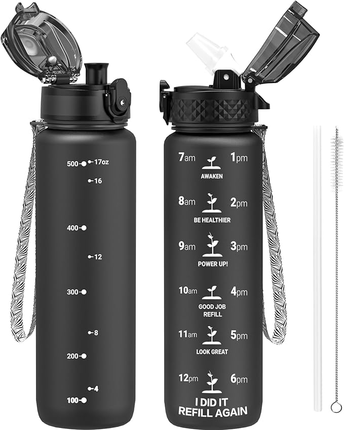 OLDLEY Kids Water Bottle for School, 17 oz (2 lids) BPA-Free Reusable Leak-proof Durable Tritan Plastic Water Bottles with Straw & Chug Lids, Anti-dust Spout Cover (Black)