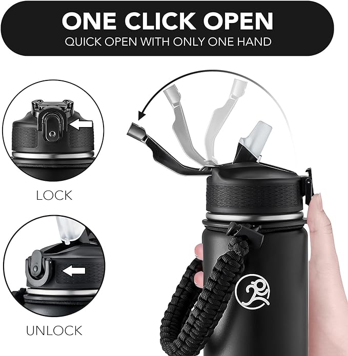 GOSWAG Insulated Sports Water Bottle, 24oz 2 Lids(with Straw/No Straw), Stainless Steel Water Bottles with Paracord Handle, Insulated Thermos with Double-Wall Vacuum Insulation