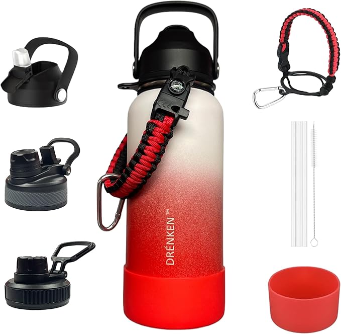 Water Bottle, Insulated water bottle, Stainless steel water bottle for kids men women Sports water bottle 32 oz Water bottle with straw Insulated Flask (Gradient White/Red)