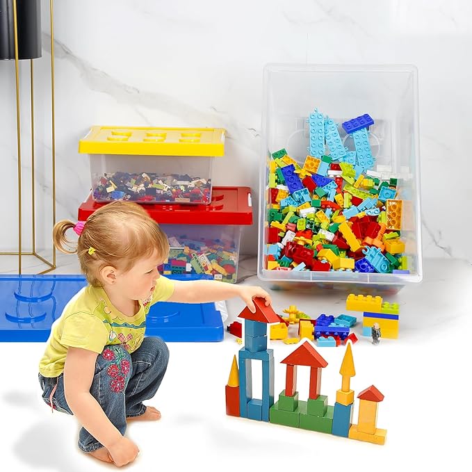 loobuu Plastic Storage Bins with Lids - Stackable Toy Storage Organizer Box Set of 3, Kids Toy Chests Container with Compatible Building Baseplate and Lid for Building Bricks - Yellow+Red+Blue