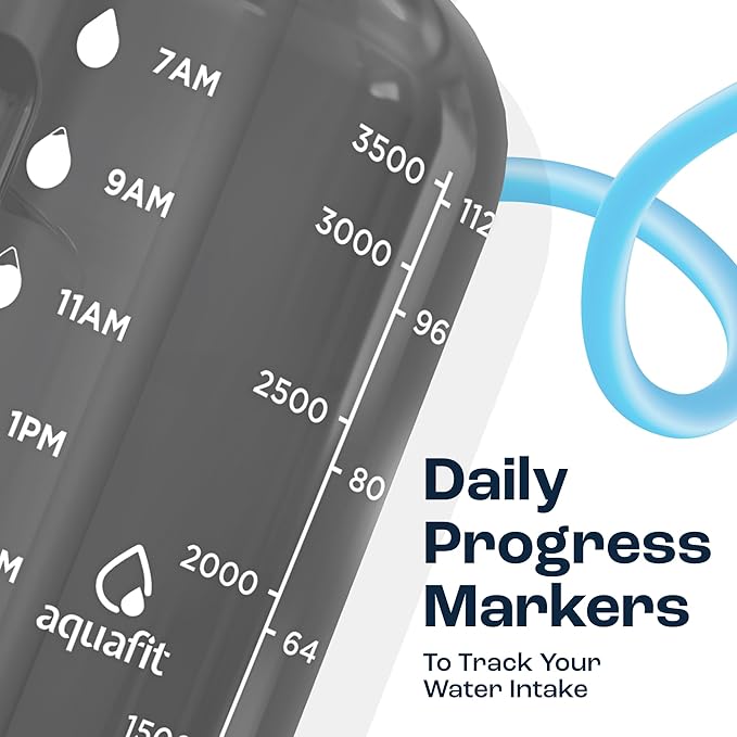 AQUAFIT 1 Gallon Water Bottle with Time Marker - BPA Free 128 oz Water Bottle with Straw, Gym Water Bottle with Handle, 1 Gallon Water Jug, Big Water Bottle, Large Water Bottle (Gray)