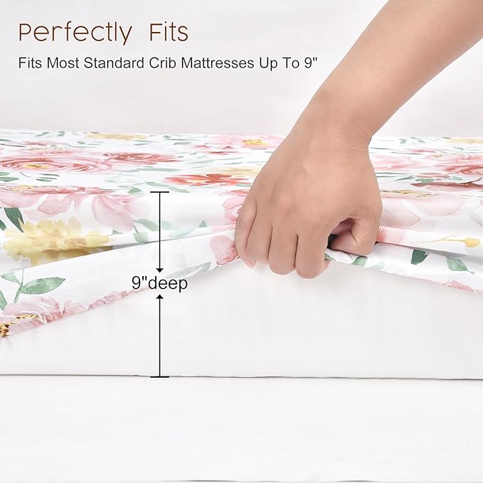 PHF Soft Floral Crib Sheet Fitted, 2 Pack Silky Comfy Breathable Baby Sheets for Girls, 28x52x9in Fits Standard Crib and Toddler Mattresses, Watercolor Floral