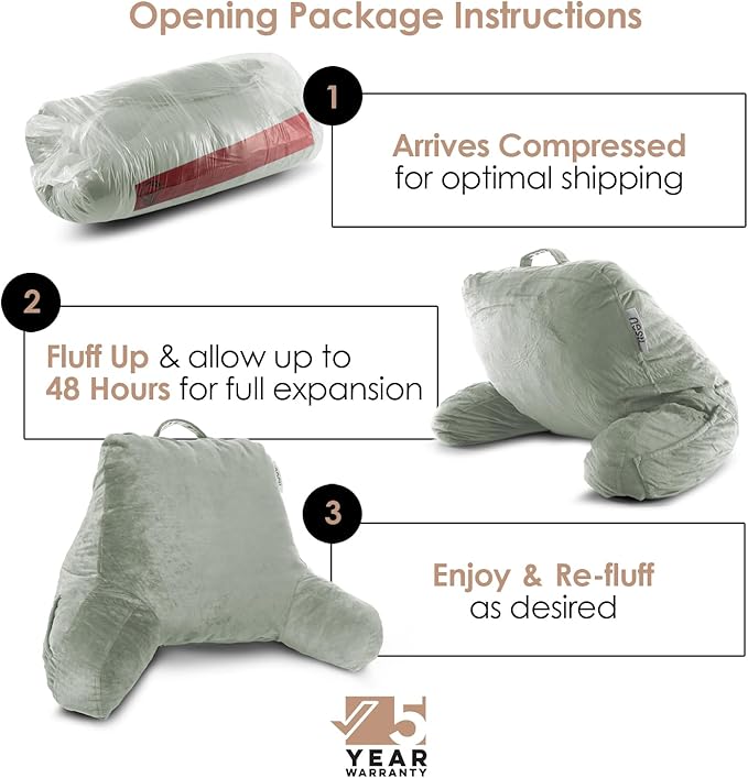 Nestl Reading Pillow Standard Bed Pillow, Back Pillow for Sitting in Bed Shredded Memory Foam Chair Pillow Reading & Bed Rest Pillows Sage Green Back Pillow for Bed, Bed Chair Arm Pillow with Pockets