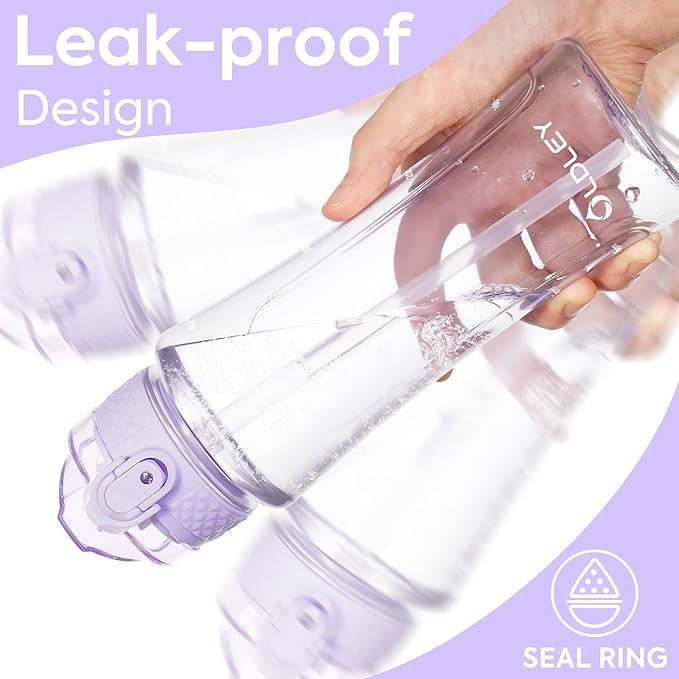 OLDLEY Kids Water Bottle with Straw 15 oz BPA-Free Leak-Proof Motivational Water Bottles with Time Marker for School Sports Travel Gym, Easy to Use for Girls Goys, 1 Straw Lid, Transparent-purple