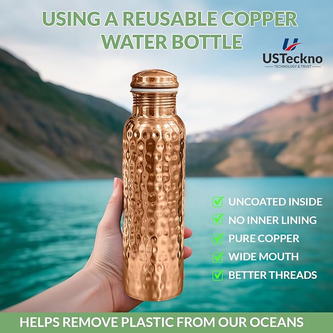 Copper Water Bottle - 34 Oz Extra Large Hammered Ayurvedic Copper Bottle for Travel,Yoga,Gym Lower Your Sugar Intake And Enjoy Health Benefits Immediately. Lab Tested (Hammered Finish)