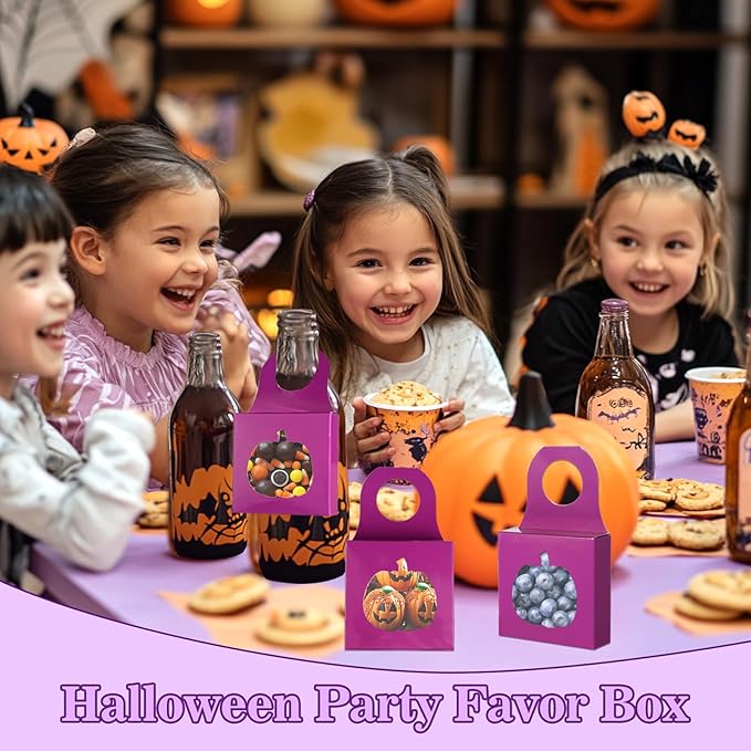 Megitzuu 30PCS Wine Bottle Box with Window, Kraft Paper Wine Boxes for Halloween Gifts Hanging Pumpkin Treat Box Mini Charcuterie Boxes Wine Bottles Gift Bags Goodies Candy Box Party Favor (Purple)