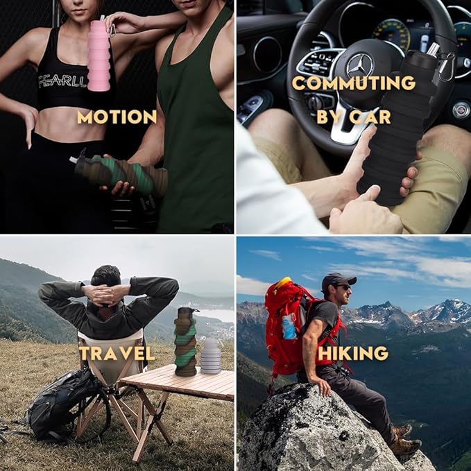 Collapsible water bottles 2 Pack with brush,BPA Free Travel Silicone Water Bottle with Carabiner,Reusable Foldable Portable Lightweight Sports bottles for Gym Camping Hiking (Black+Aqua blue)