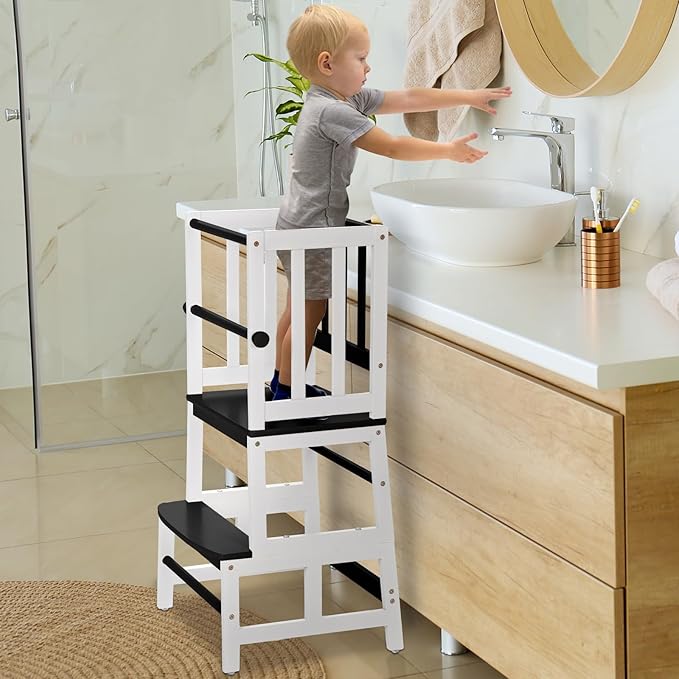 COSYLAND Kids Kitchen Step Stool, Toddler Standing Tower with CPC & FSC Certification, Removable Anti-Drop Railing Safety Rail Enjoys Unique Patented Design A Anti-tip Stable Structure Black & White