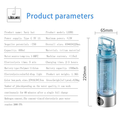 LEBLON™ High-Concentration Hydrogen Water Bottle with Skin Moisturizing Spray and Inhaler, by U.S. PEM SPE Technology, Featuring 5 MIN LED Display and 2000ppb Hydrogen Water Generator Concentration