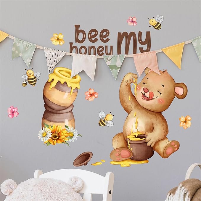 Cute Bear Bees Honey Jar Wall Stickers, sacinora Sunflower Cartoon Animal Bee My Honey Wall Decals Removable Vinyl Peel and Stick for Kids Baby Nursery Bedroom Kitchen Art Decoration