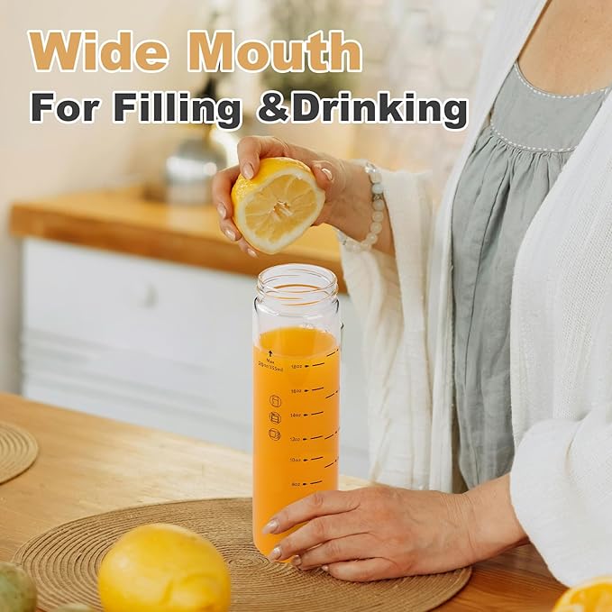 SIEROZUR Juice Bottles - 4 Pack Wide Mouth Glass Bottles with Lids - for Juicing, Smoothies, Infused Water, Beverage Storage - 20oz, BPA Free, Stainless Steel Lids, Leakproof, Reusable, Borosilicate