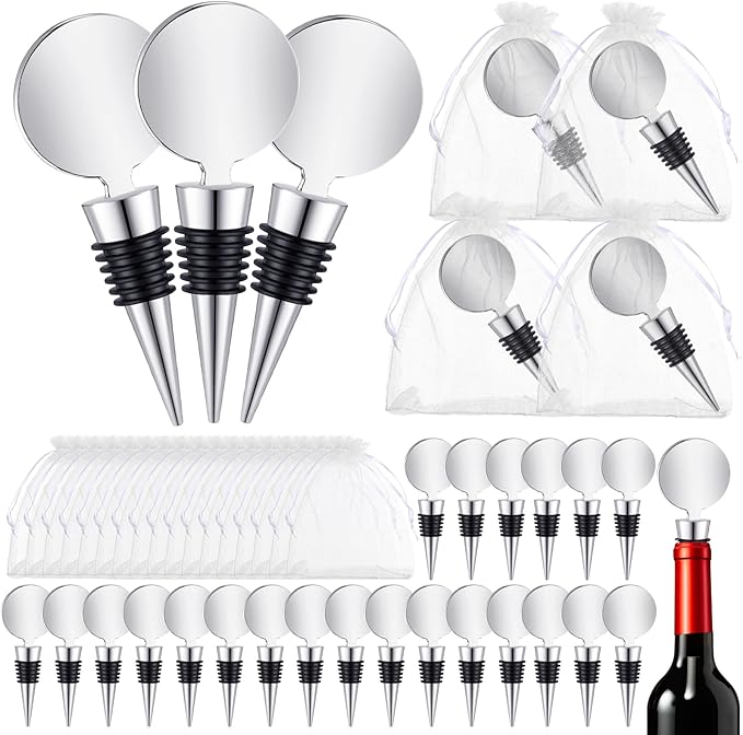 36 Sets Wine Stopper for Wine Bottles Wedding Wine Stopper Champagne Bottle Stoppers Beverage Bottle Stoppers with White Sheer Organza Bags Wedding Party Favor for Guests (Silver)