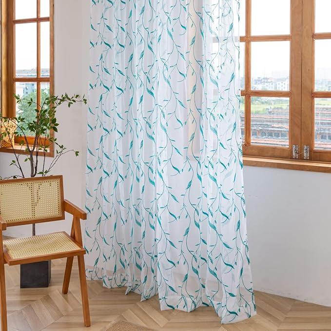Windows Sheer Curtains Embroider Green Leaf 90 Inches Length 2 Panels Voile Light Filtering Sheer Curtains Panel Basic Rod Pocket for Bedroom Living Room Children Room
