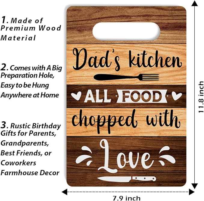 Farmhouse Kitchen Decor, Kitchen Signs Wall Decor, Dad's Kitchen All Food Chopped With Love Wood Sign, Fathers Day Thank You Gifts for Dad, Dads Birthday Gifts Ideas 8 x 12 Inch