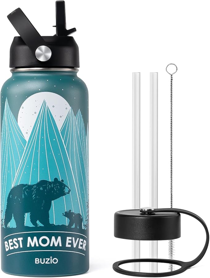 Gifts for Mom Birthday, 32oz Best Mom Water Bottle for Mother Gift, BUZIO Bear Mama Hydro Water Flask with Straw Lid, Stainless Steel Insulated Vacuum Metal Tumbler from Daughter Son, Cold for 48Hrs