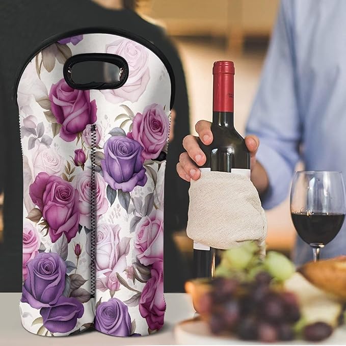 doginthehole 2 Bottle Wine Carrier Bag, Retro Purple Pink Rose Pattern Neoprene Wine Tote Bag with Handle, for Travel, Wine Tasting Party, Champagne/Beer/Drinks Carriers Bag for Wine Lover