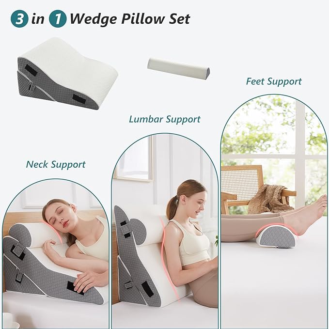 3 PCS Upgraded Bed Wedge Pillow for Sleeping - 35D Post Surgery Pillow for Back Leg Pain Relief - 16.5" Wide Wedge Pillows for After Surgery for Acid Reflux & GERD & Snoring(White Grey)