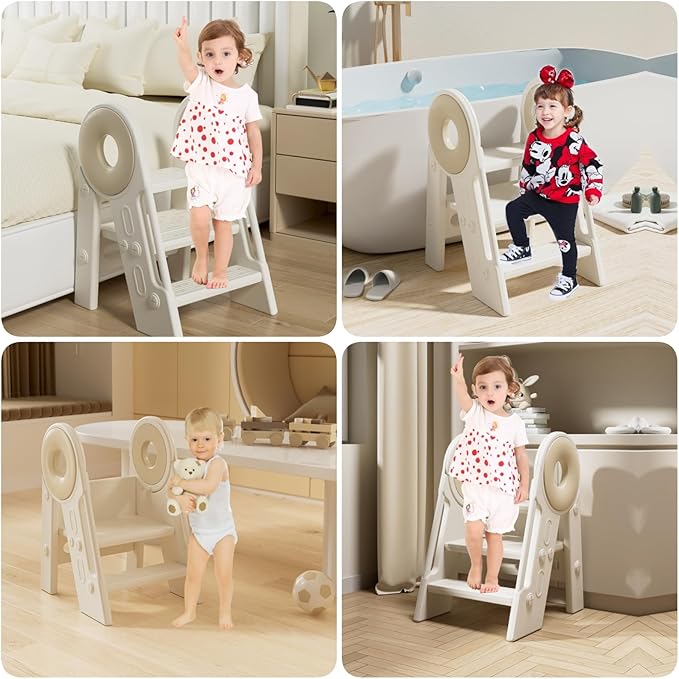 Step Stool for Kids Toddler, Adjustable 3 Folding, Learning Helper Stool for Bathroom Sink Toilet Potty Kitchen Counter with Handles and Non-Slip Pads(Pink)