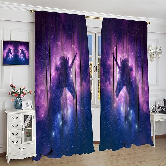 Unicorn Curtains Children's Cartoon Starry Sky Theme Unicorn Pattern Curtains Star Galaxy Boys Girls Room Blackout Curtains 42x45 Inch 2 Panels