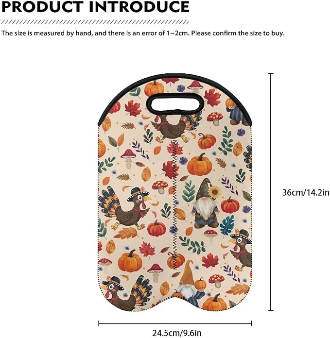 doginthehole Thanksgiving Gnomes Wine Bottle Tote, 750ml 2 Bottles Hand-Held Neoprene Wine Bottle Bag Hand Bag for Travel with Carry Handle, Fall Pumpkin Turkey Champagne Bottles Carrying Case