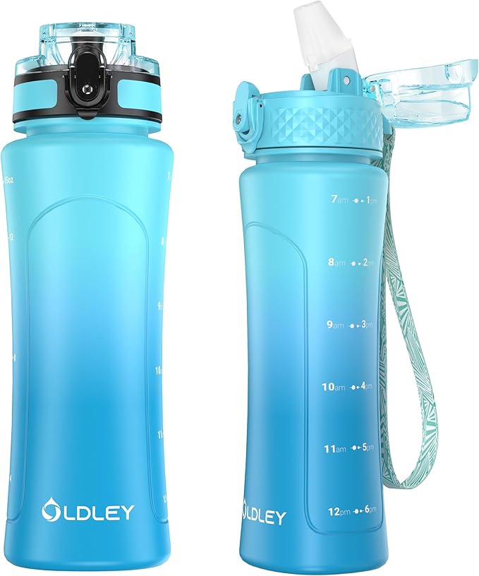 OLDLEY Kids Water Bottle for School with Straw Chug Lid, 15 oz Unbreakable Leak-Proof BPA-Free Motivational Water Bottles with Time Marker for Travel Sports Gym, Green Blue