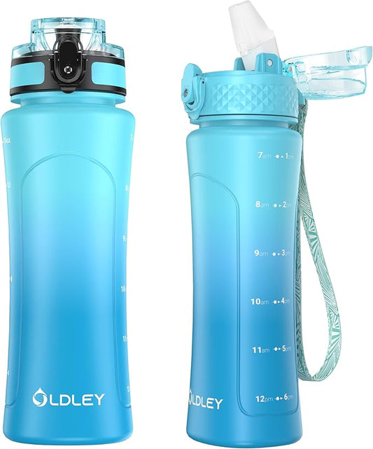 OLDLEY Kids Water Bottle for School with Straw Chug Lid, 15 oz Unbreakable Leak-Proof BPA-Free Motivational Water Bottles with Time Marker for Travel Sports Gym, Green Blue