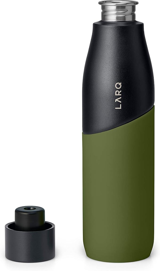LARQ Bottle Movement PureVis 32 oz- Lightweight Self-Cleaning and Non-Insulated Stainless Steel Water Bottle with UV Water Purifier | Reusable & Travel Friendly, Black/Pine